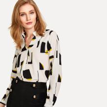 Shein Geo Print Curved Hem Blouse