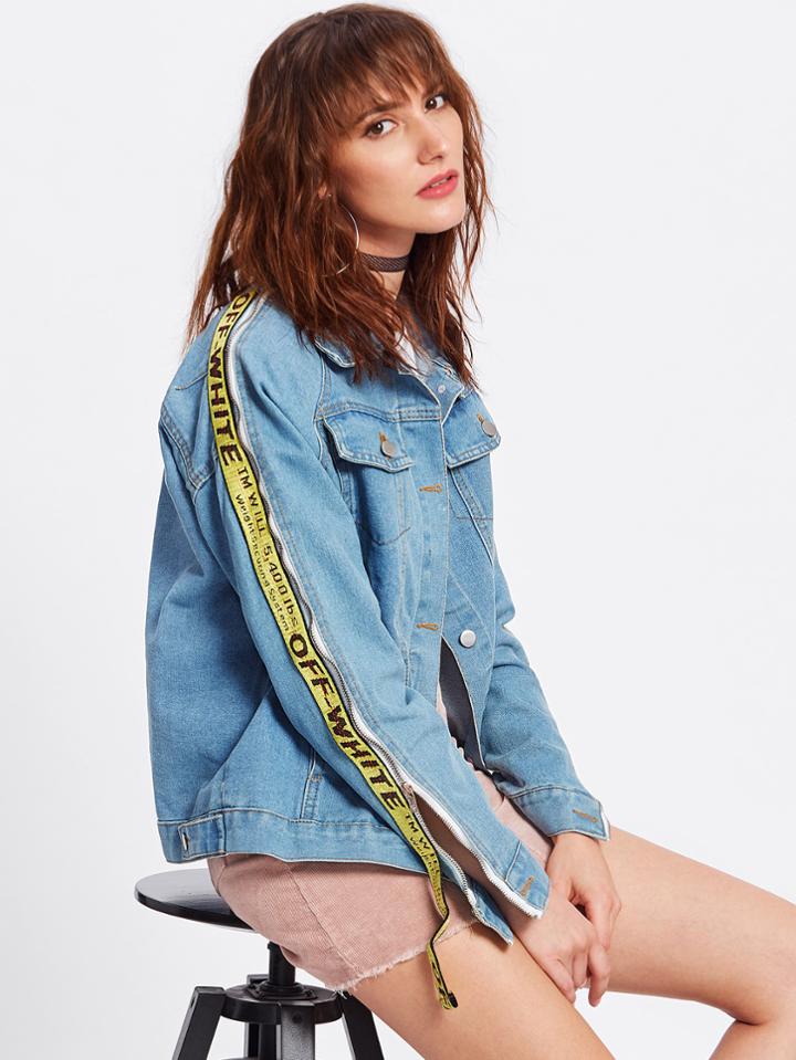 Shein Embroidered Tape Zip Detail Denim Jacket