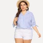 Shein Plus Notched Collar Knot Striped Shirt