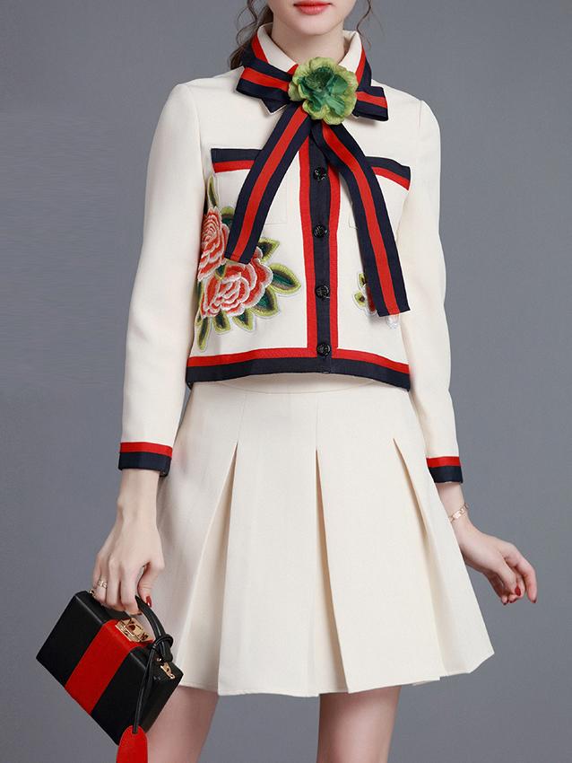 Shein Beige Bowtie Flowers Embroidered Top With Skirt