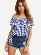 Shein Pom-pom Ruffled Off-the-shoulder Blue Checkerboard Top