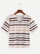 Shein Black Striped V Neck Keyhole Front T-shirt