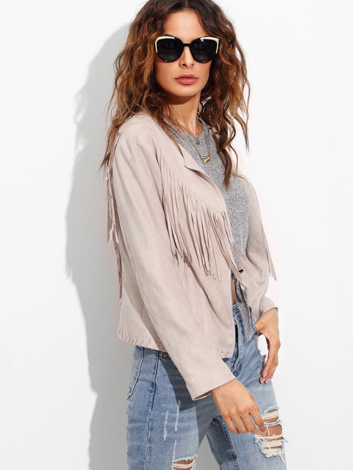 Shein Pink Suede Fringe Jacket With Whipstitch Detail