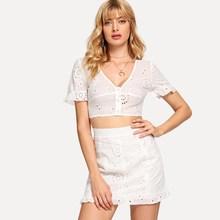 Shein Eyelet Embroidered Crop Top & Ruffle Skirt Set