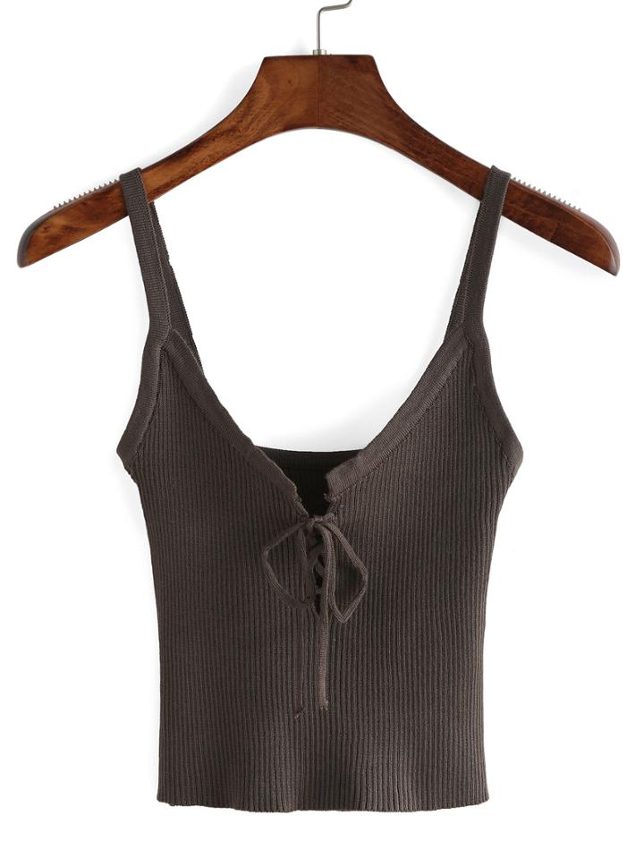 Shein Grey Ribbed Lace-up Strappy Crop Cami