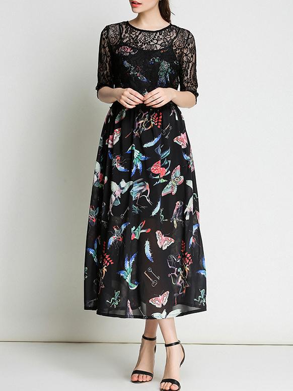 Shein Birds Print Contrast Lace Dress