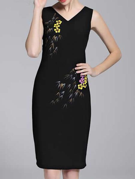 Shein Black V Neck Backless Print Sheath Dress