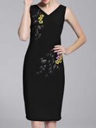 Shein Black V Neck Backless Print Sheath Dress