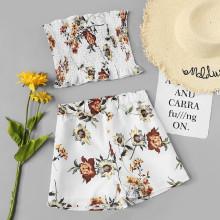 Shein Floral Print Crop Shirred Top With Shorts