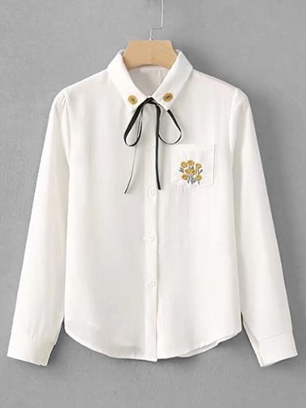 Shein Embroidery Detail Tie Neck Blouse