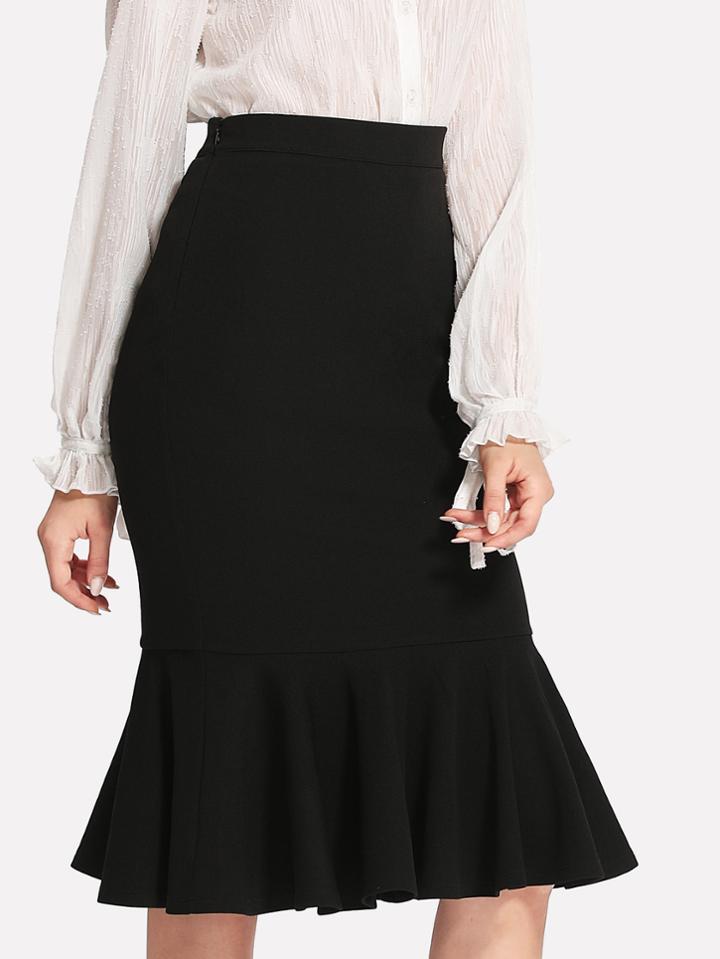 Shein Zip Side Ruffle Hem Bodycon Skirt