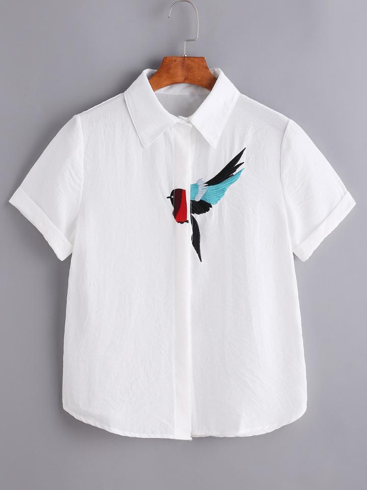 Shein Bird Embroidered Hidden Button Placket Blouse
