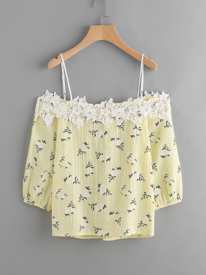 Shein Cold Shoulder Calico Print Contrast Lace Top