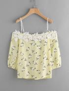 Shein Cold Shoulder Calico Print Contrast Lace Top