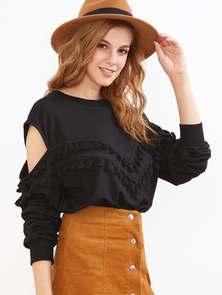 Shein Black Tassel Trim Open Shoulder Sweatshirt