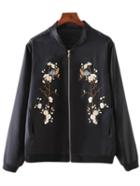 Shein Black Pockets Zipper Front Embroidery Jacket
