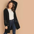 Shein Open Front Sequin Detail Ribbed Duster Coat