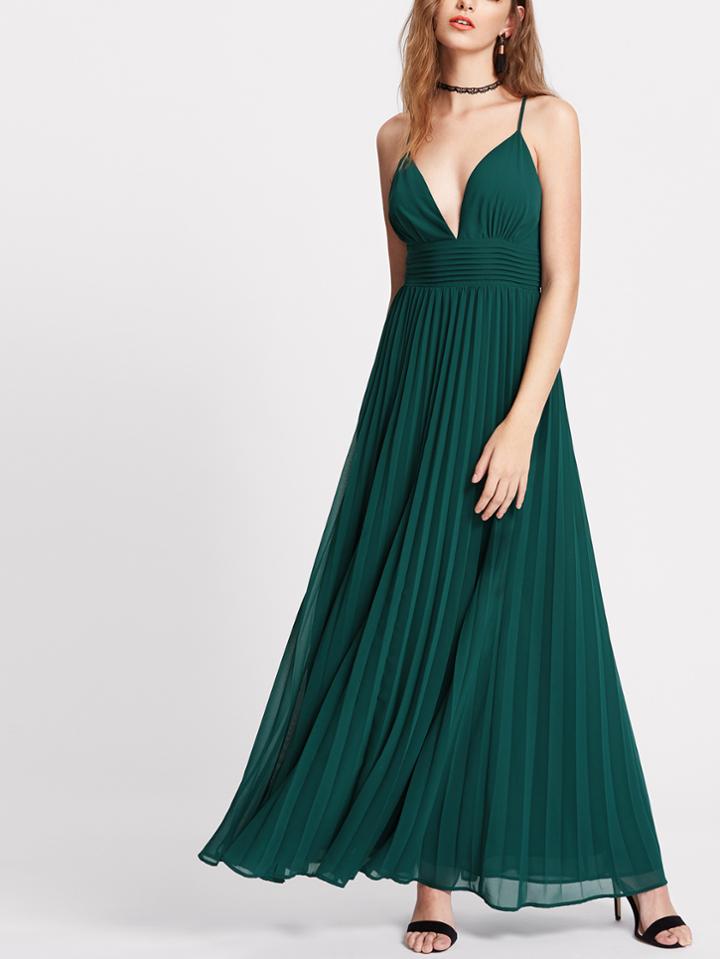 Shein Dark Green Plunge Neck Crisscross Back Pleated Cami Dress