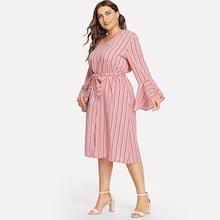 Shein Plus Flounce Sleeve Striped Dress With Belt