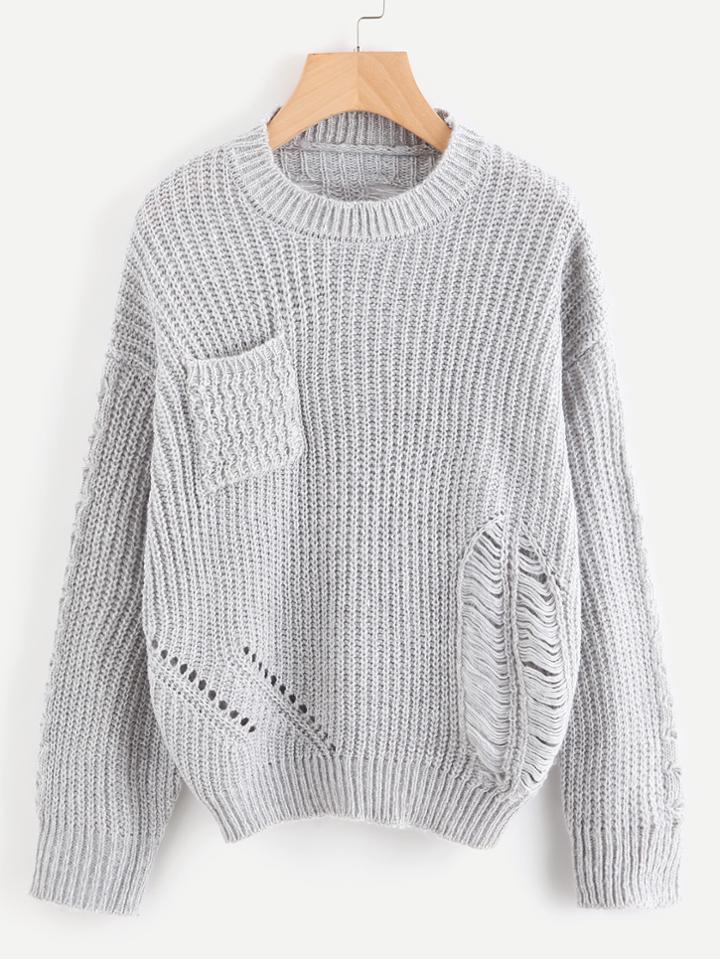 Shein Texture Open Knit Sweater With Chest Pocket