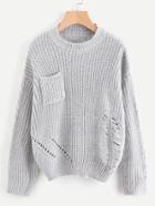 Shein Texture Open Knit Sweater With Chest Pocket