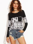 Shein Black Contrast Print Patch Pocket T-shirt