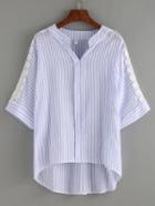 Shein Lace Insert Blue Striped Dip Hem Blouse