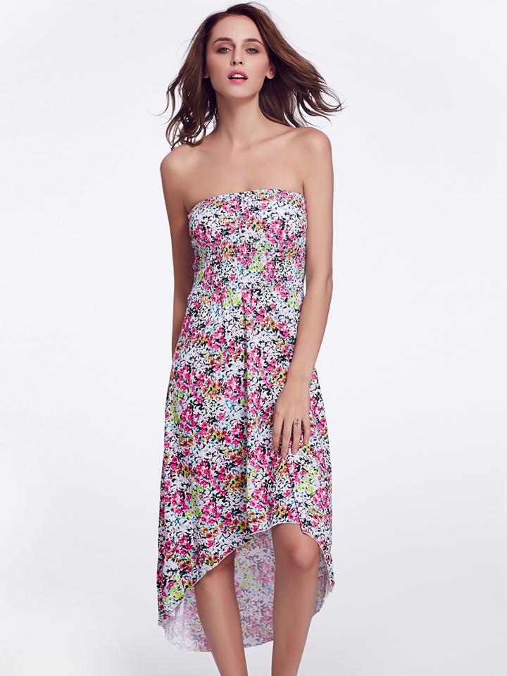 Shein Floral Dip Hem Shirred Strapless Dress