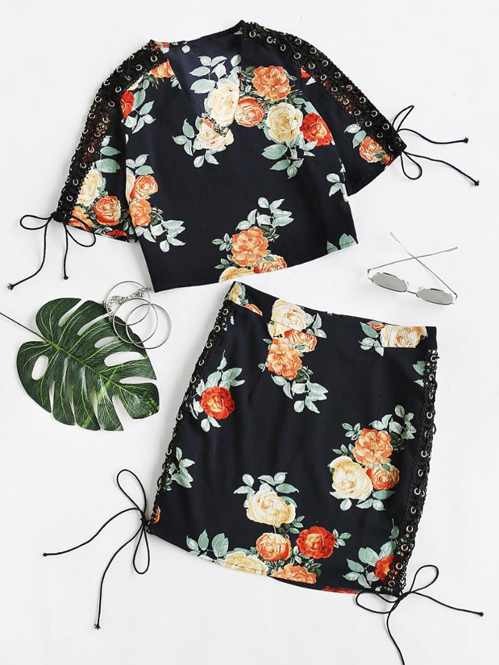 Shein Floral Print Tie Sleeve Top With Skirt