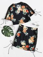 Shein Floral Print Tie Sleeve Top With Skirt