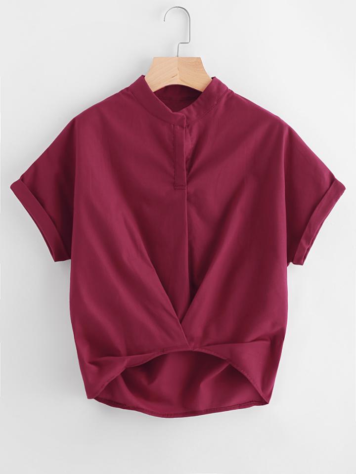 Shein Dip Hem Pleated Detail Cuffed Blouse