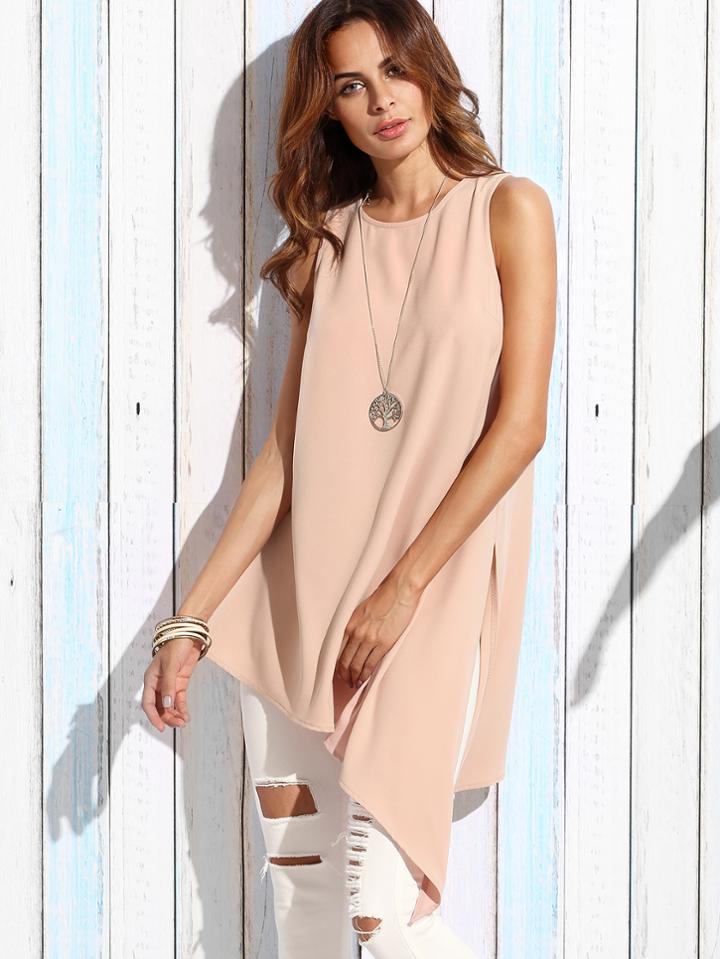 Shein Pink Round Neck Split Side Asymmetrical Tank Top