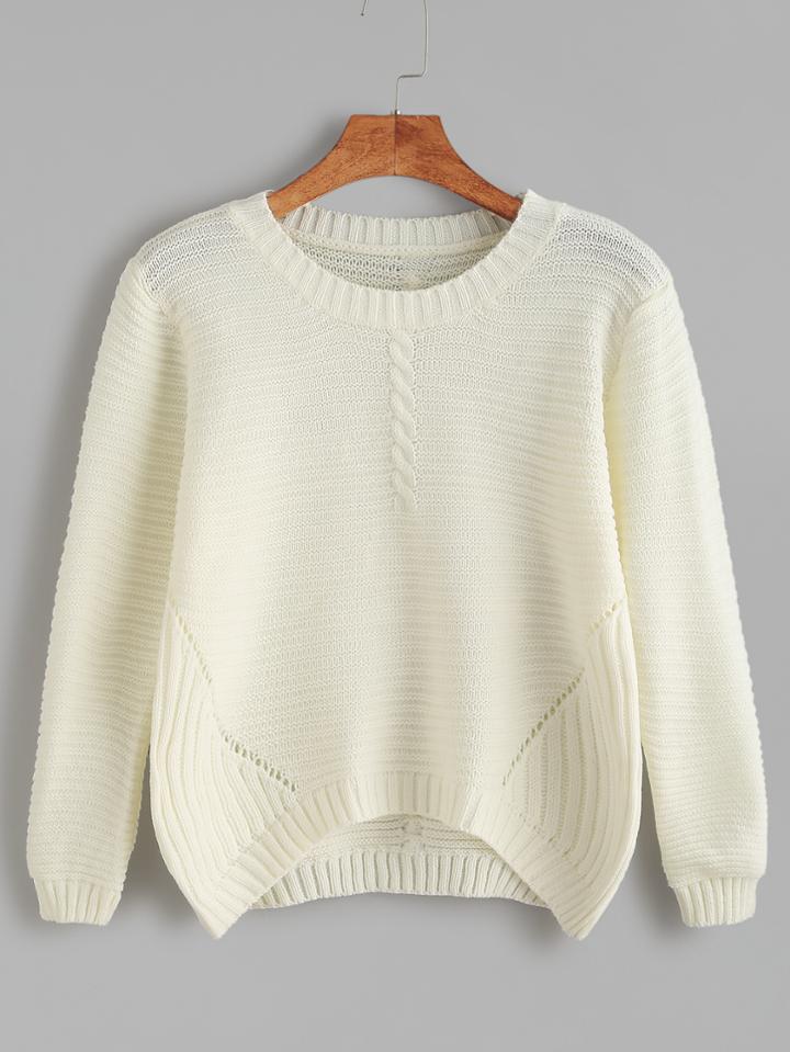 Shein Beige Eyelet Dip Hem Cable Knit Sweater