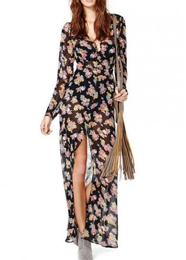 Rosewe Retro Long Sleeve V Neck Maxi Dress With Slit