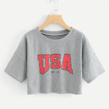 Shein Usa Print Drop Shoulder Crop Top
