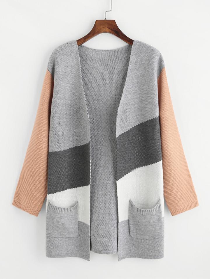 Shein Color Block Pocket Open Front Cardigan