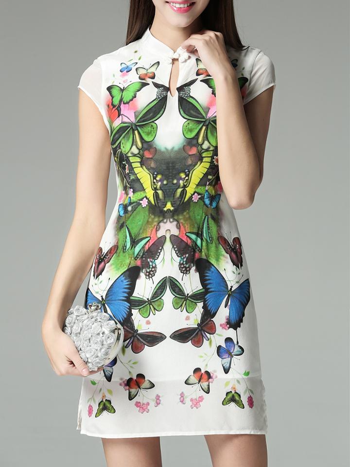 Shein White Collar Butterfly Print Shift Dress