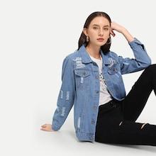 Shein Symmetric Pocket Front Ripped Denim Jacket