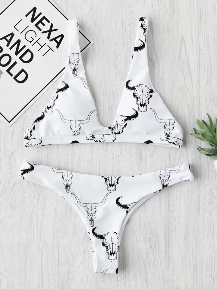 Shein Plunge Bull Print High Leg Bikini Set
