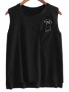 Shein Black Pocket Kitty Embroidery Sleeveless T-shirt