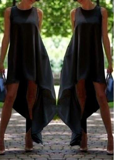 Rosewe Sleeveless Solid Black High Low Dress