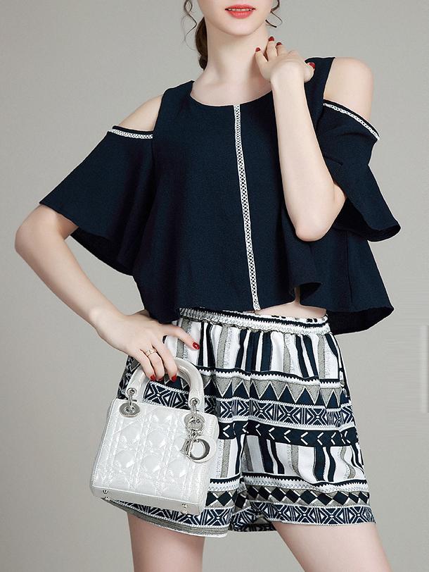 Shein Navy Off The Shoulder Top With Print Shorts
