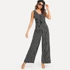 Shein Button Front Knot Striped Shell Jumpsuit