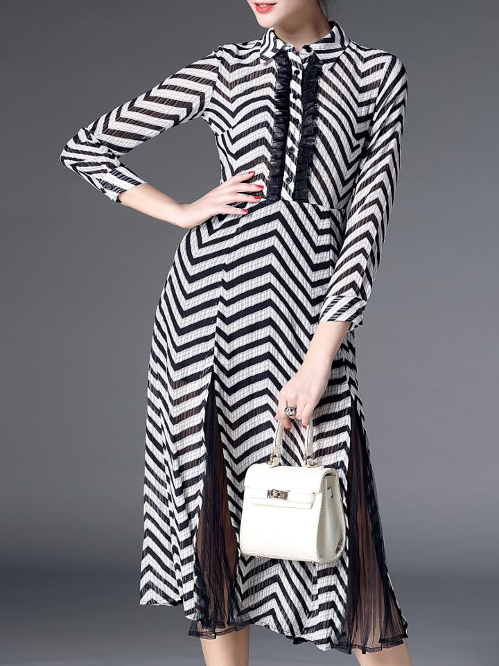 Shein Black Lapel Chevron Contrast Gauze Dress