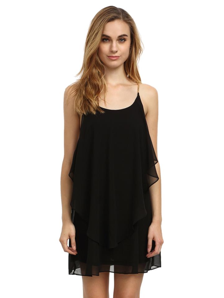 Shein Black Slip Spaghetti Strap Wrinkle Ruffle Dress