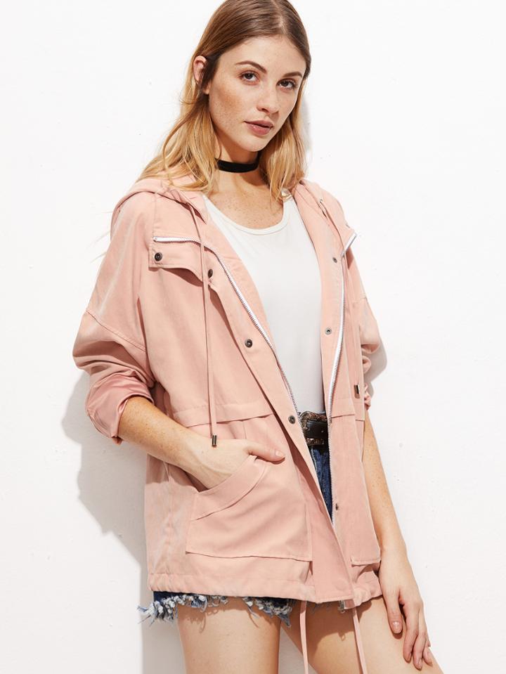Shein Pink Hidden Zip Drawstring Hem Hooded Jacket