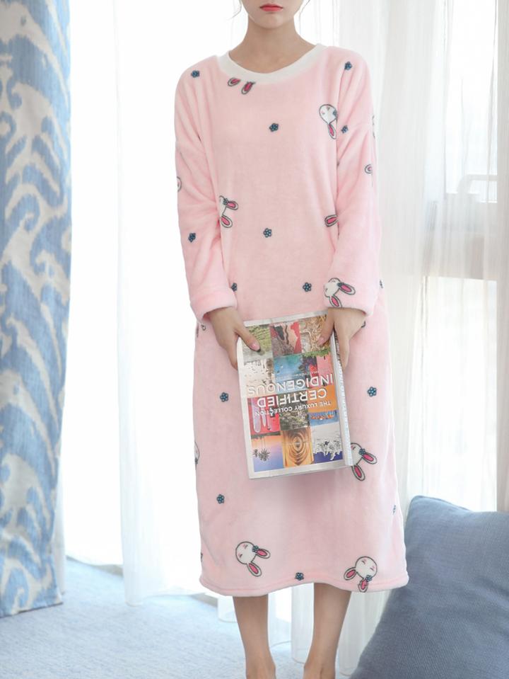 Shein Faux Fleece Drop Shoulder Rabbit Print Night Dress