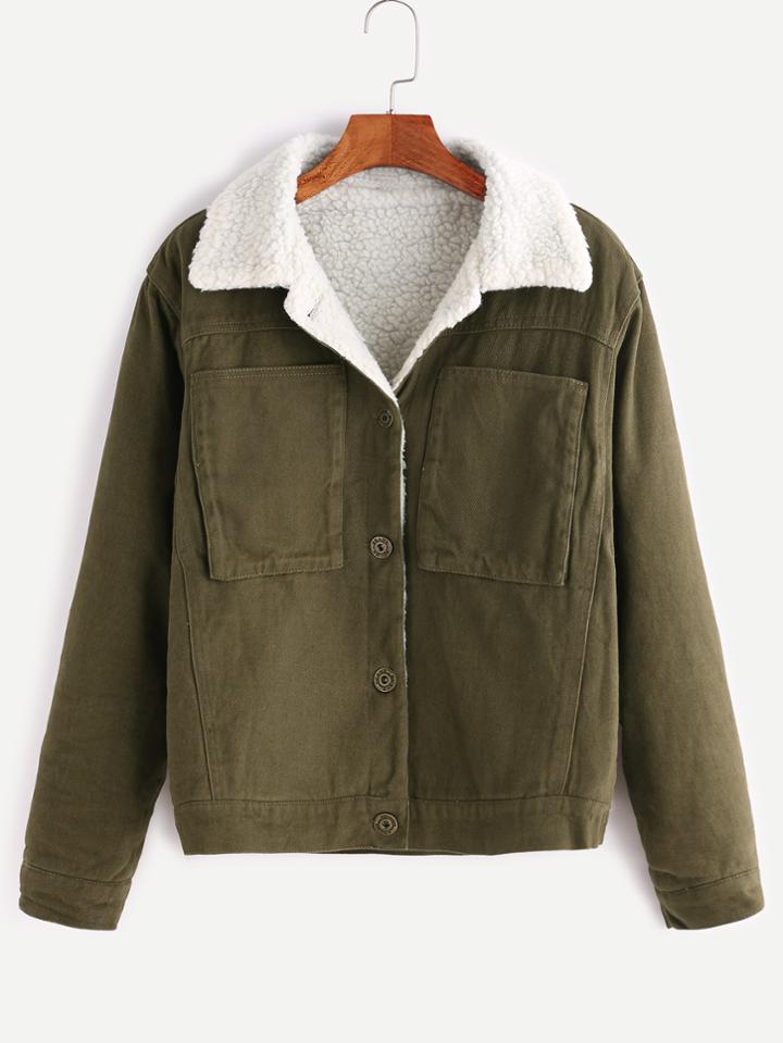 Shein Army Green Single Breasted Sherpa Lined Jacket