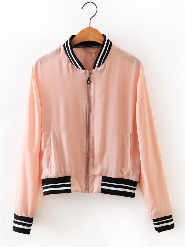 Shein Pink Rib-knit Cuff Zipper Jacket