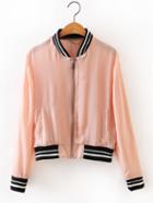 Shein Pink Rib-knit Cuff Zipper Jacket